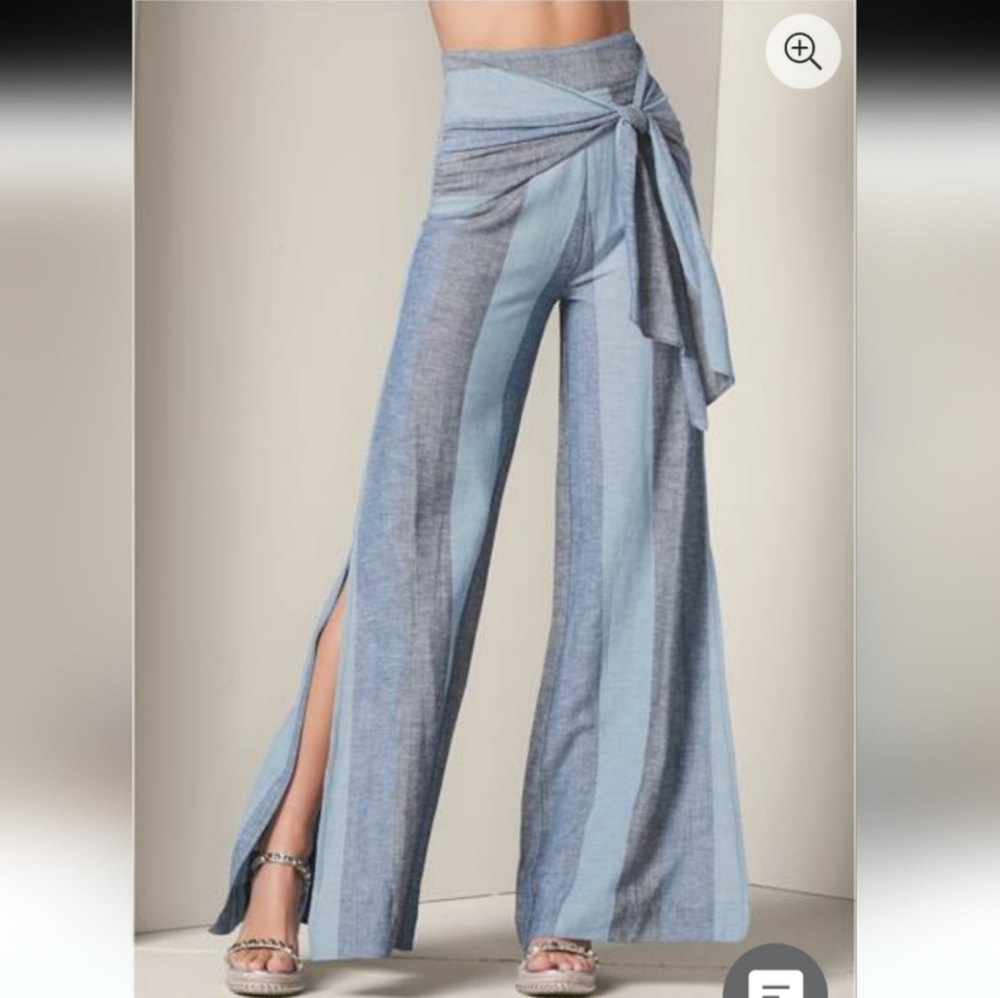 Venus Tie Front Wide Leg Slit Blue Striped Linen Pants Size 4